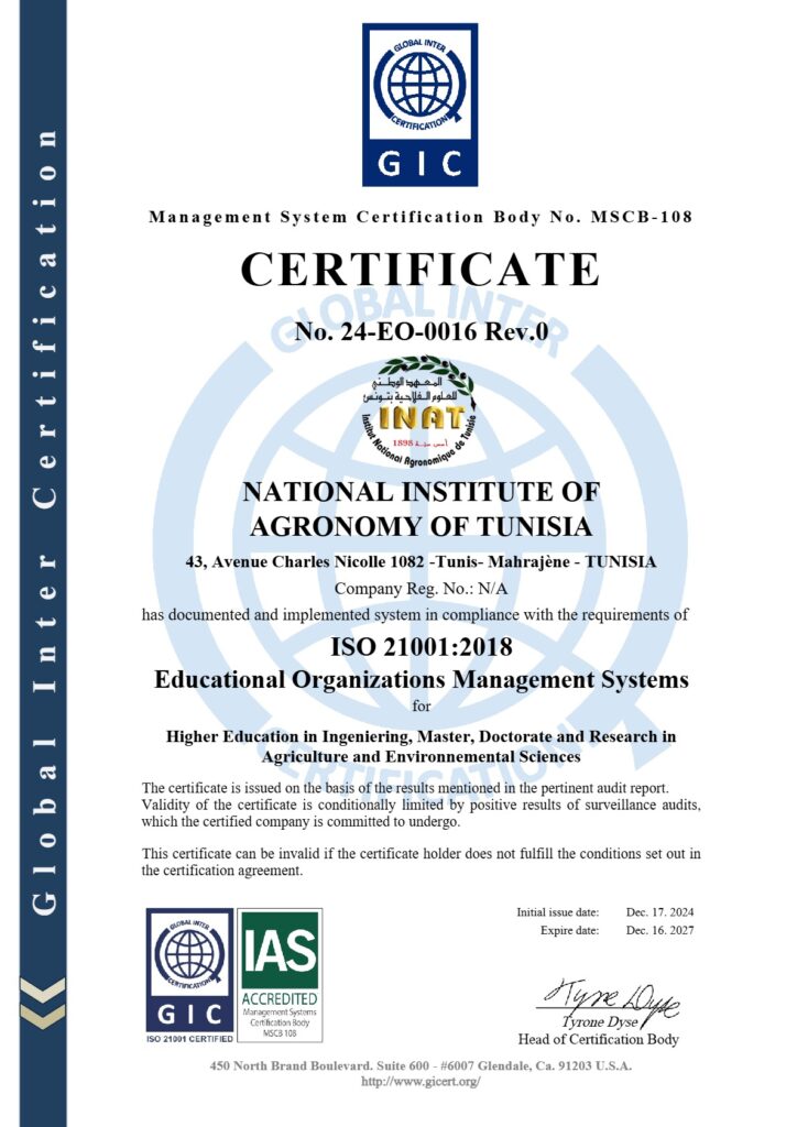 Certification de l’Institut National Agronomique de Tunisie  ISO 21001: 2018