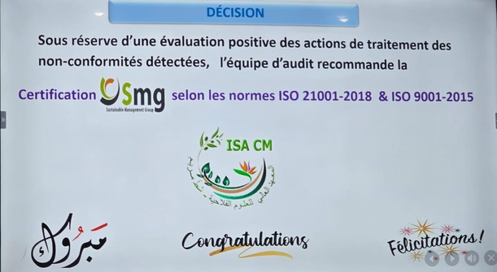 Obtention de la double certification ISO 21001 et ISO 9001 par l’Institut Supérieur Agronomique Chott Mariem (ISA-CM)